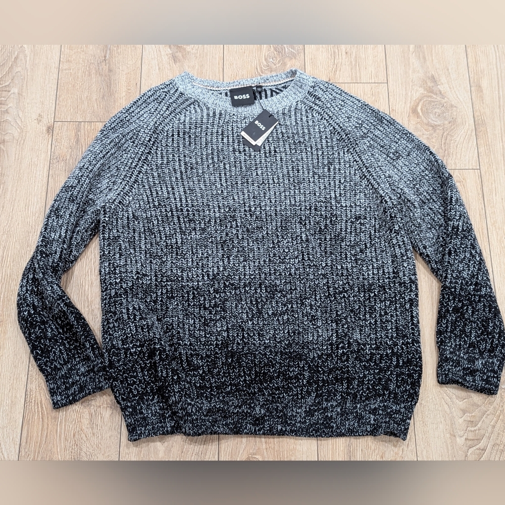 $348 Mens BOSS "Ezrano" Ombre Rib Knit Crewneck Sweater Gray 2XL